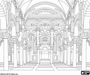 Colorear Antigua Mezquita de Córdoba, actual catedral, las columnas de mármol y los arcos con el lugar santo, el Mihrab 