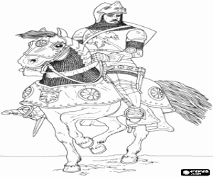 Colorear Caballero con armadura y casco montando a caballo 
