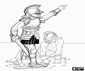 Colorear Combate entre dos gladiadores en el anfiteatro, el vencedor pregunta al público si debe matar al vencido
