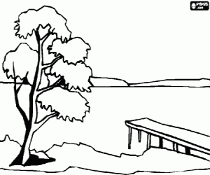 Colorear Las aguas tranquilas de un lago con un muelle y un árbol en primer plano