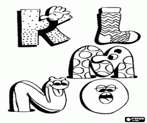 Colorear Letras K, L, M, N y O con dibujos divertidos