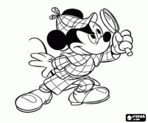 Colorear Mickey Mouse disfrazado de Sherlock Holmes con la lupa para investigar