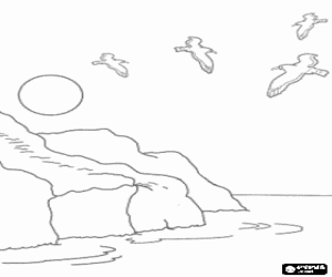 Colorear Rocas a la orilla del mar con las gaviotas volando