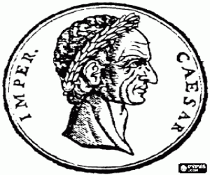 Colorear Una moneda de plata de la antigua Roma, un denario con la cara de Julio César o Iulius Caesar luciendo una corona de laurel